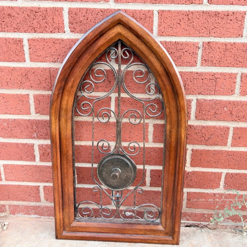 Gothic Arched Wood Wall Sconce Cathedral Window Wrought Iron Scrollwork 24